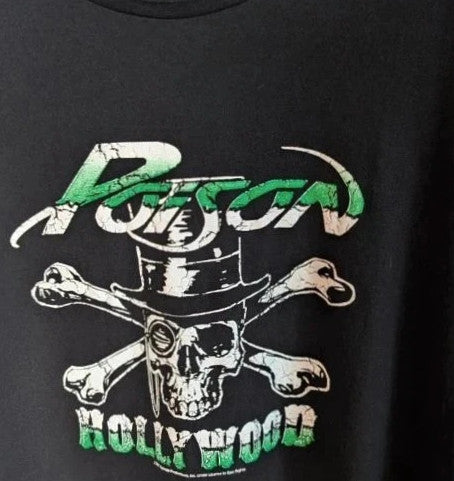 Poison black graphic tee featuring iconic skull and crossbones logo with green and white print.