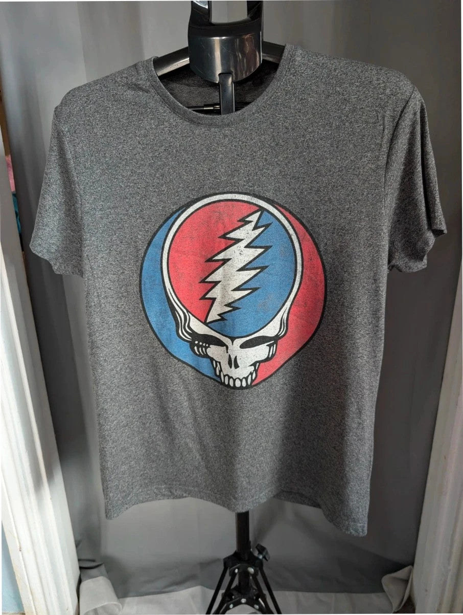 Grateful Dead grey graphic t-shirt featuring Steal Your Face skull and lightning bolt logo.
