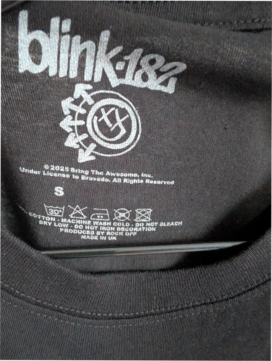 Blink 182 black graphic tee with blue skeleton middle finger design and crew neck.