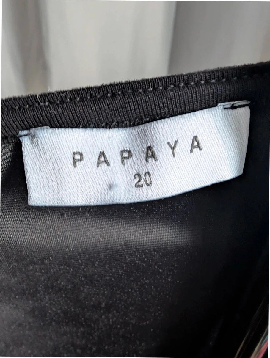 Papaya black stretch velvet tunic blouse with ruched sweetheart bustline and puff shoulders.