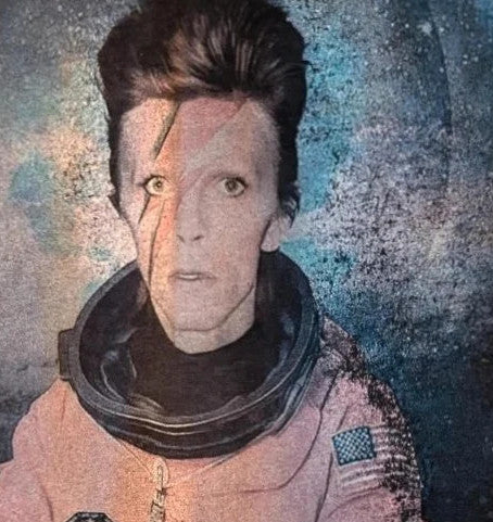LaBarNa black graphic t-shirt featuring Ziggy Stardust astronaut print and lightning bolt design.