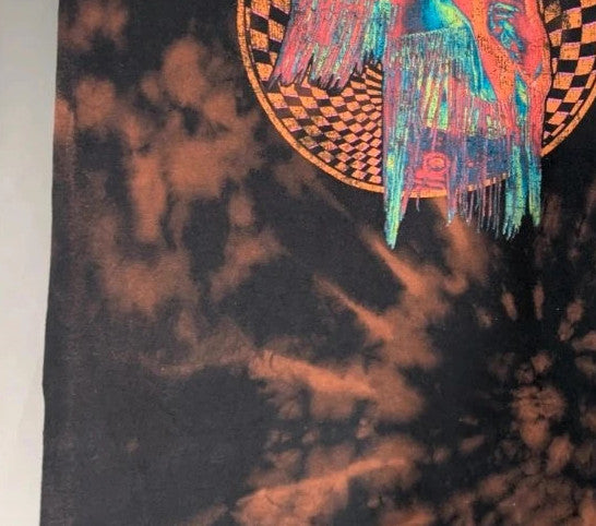 Hendrix graphic tee black bleach tie dye featuring vibrant Jimi Hendrix guitar design.