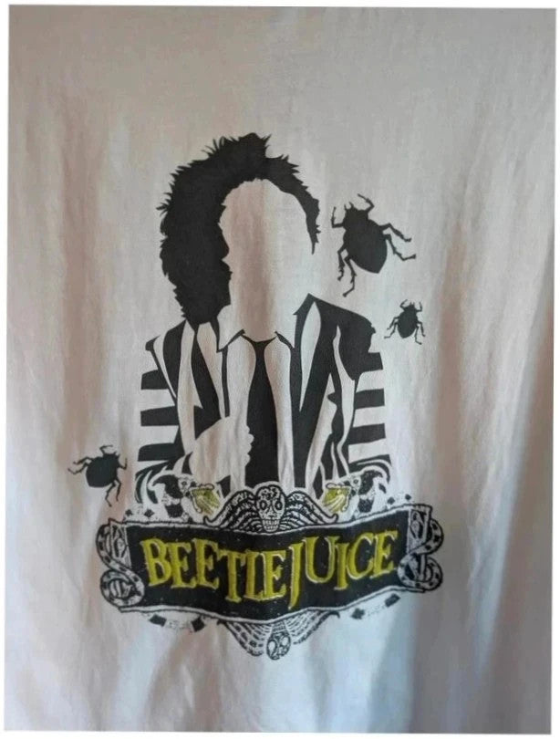 Primark black graphic t-shirt featuring Beetlejuice movie prints on front and back.