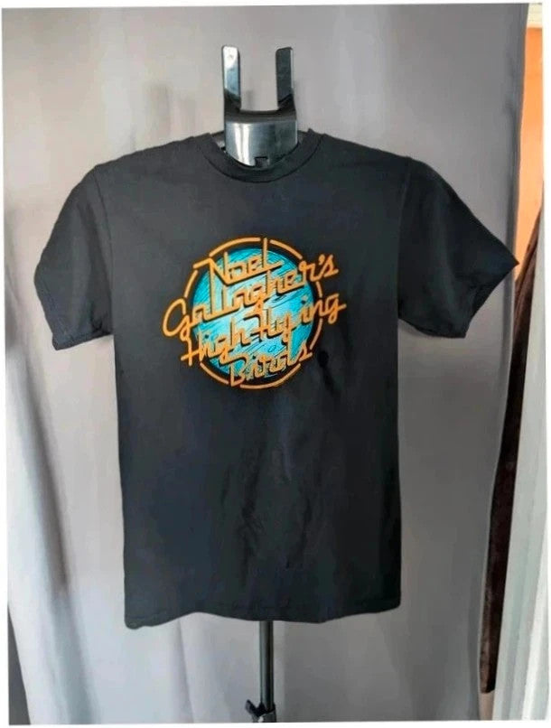 Gildan graphic tee black with orange and blue double-sided band prints, soft cotton.