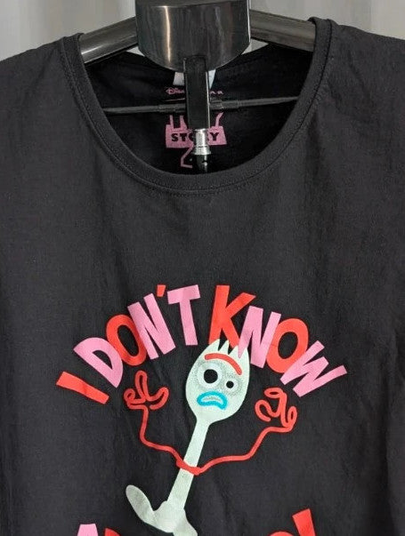 Disney black pocket t-shirt featuring Forky graphic and "I Don't Know About This!" text.