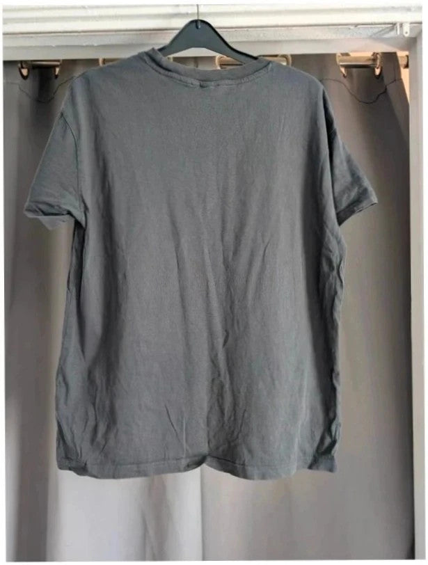 AC/DC graphic tee grey with distressed lightning bolt print on soft cotton blend fabric.