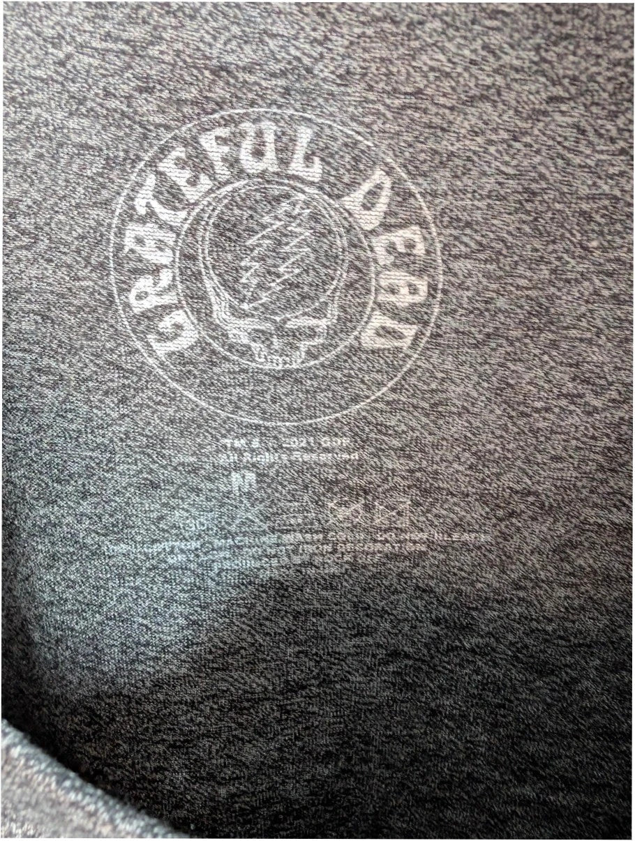 Grateful Dead grey graphic t-shirt featuring Steal Your Face skull and lightning bolt logo.