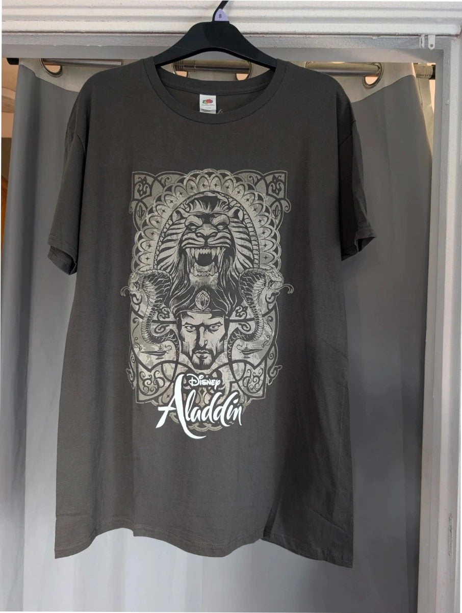 Fruit of the Loom charcoal grey graphic tee featuring Jafar, cobras, and magic lamp print.