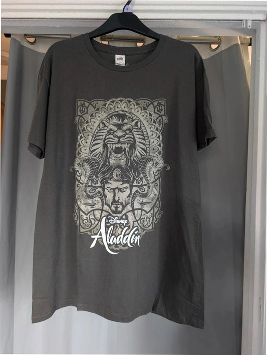 Fruit of the Loom charcoal grey graphic tee featuring Jafar, cobras, and magic lamp print.