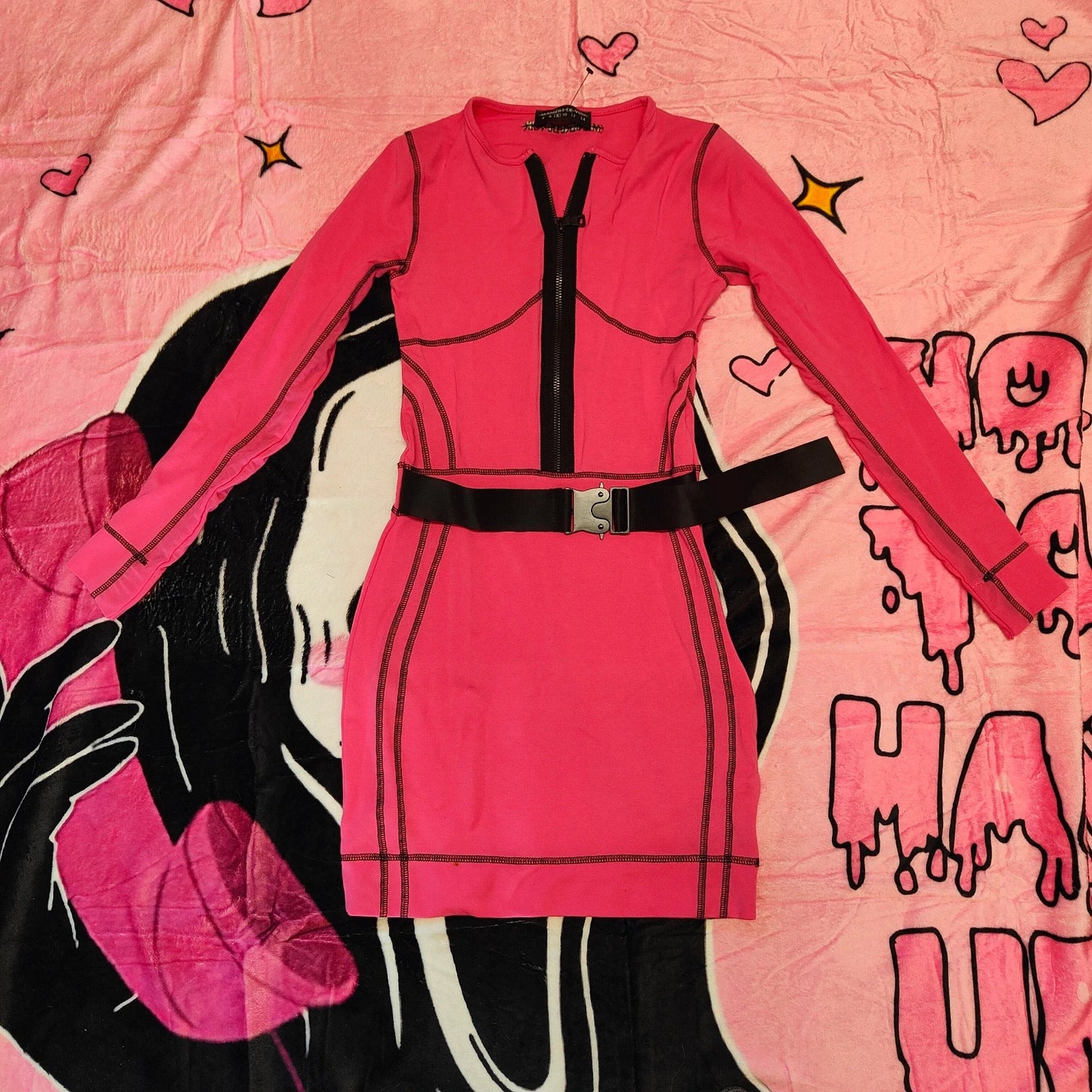 Manière De Voir Pink Zip Bodycon Mini Dress Size 8 Cut Out Belted Stretch alcyone213k