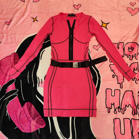 Manière De Voir Pink Zip Bodycon Mini Dress Size 8 Cut Out Belted Stretch alcyone213k