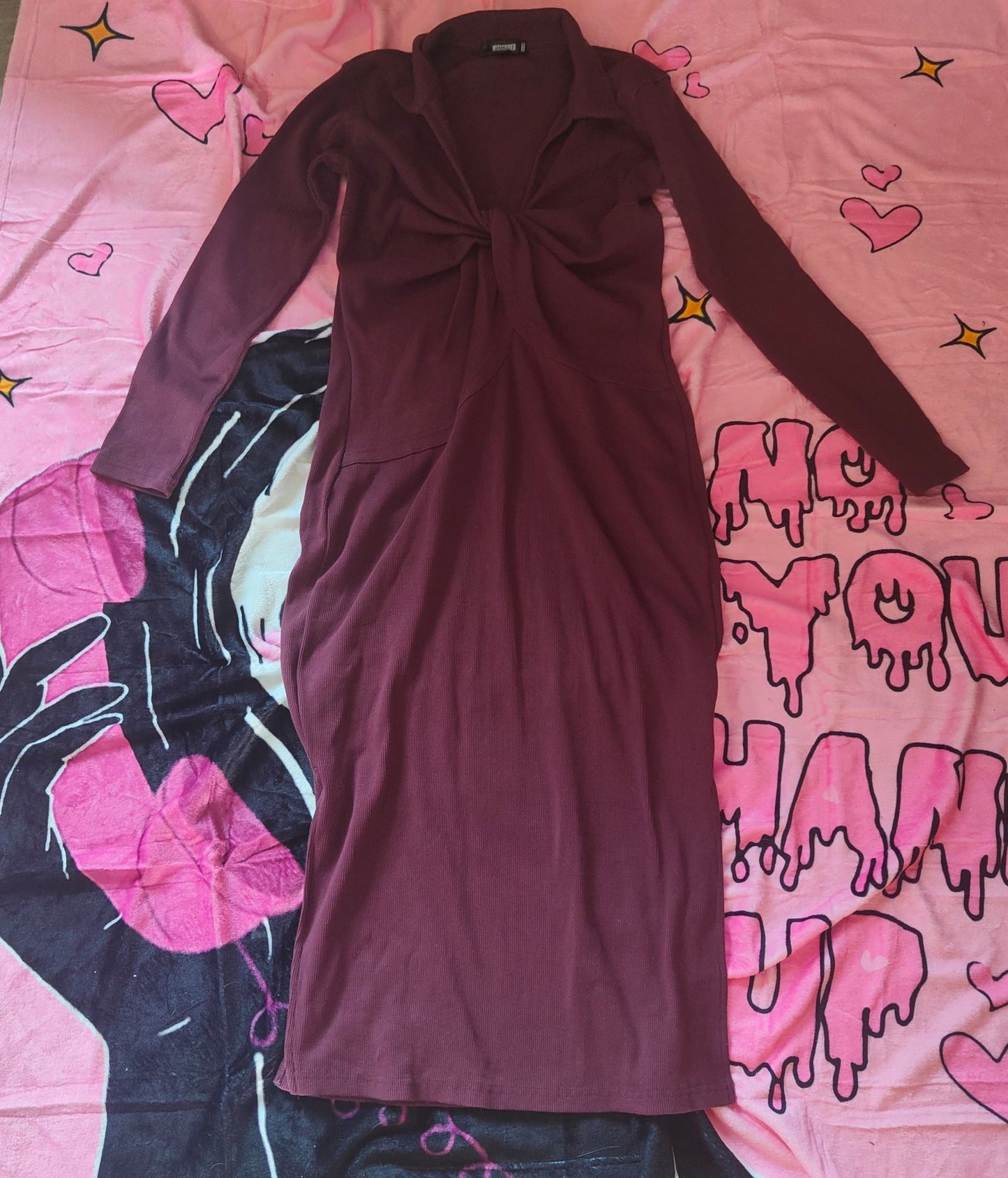 Missguided Burgundy Twist Front Ribbed Midi Dress UK 16 alcyone213k