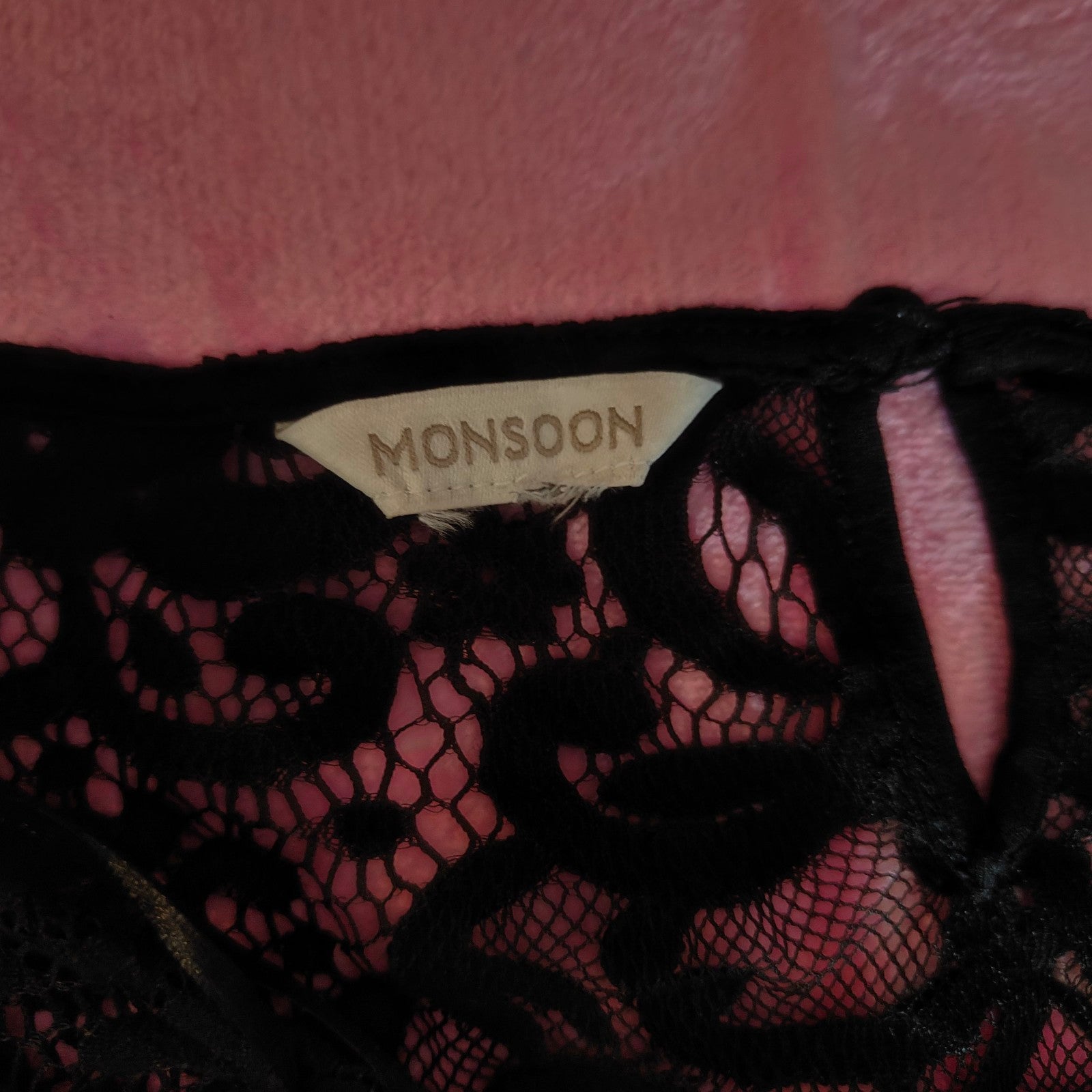 Monsoon Black Lace Midi Dress M Floral Sheer Sleeves Keyhole Back Party alcyone213k