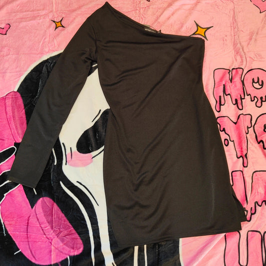 PrettyLittleThing Black One Shoulder Bodycon Mini Dress Long Sleeve UK 12 NWT alcyone213k