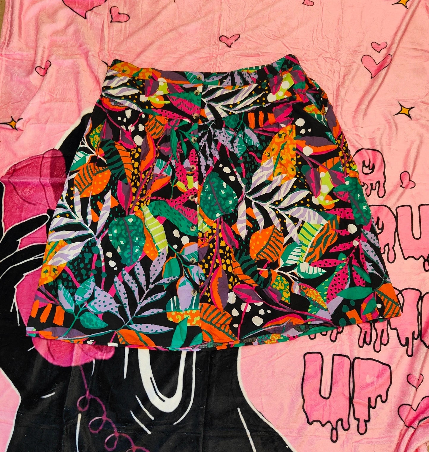 TU Woman Tropical Leaf Print Mini Skirt Button Front A-Line Size 22 alcyone213k