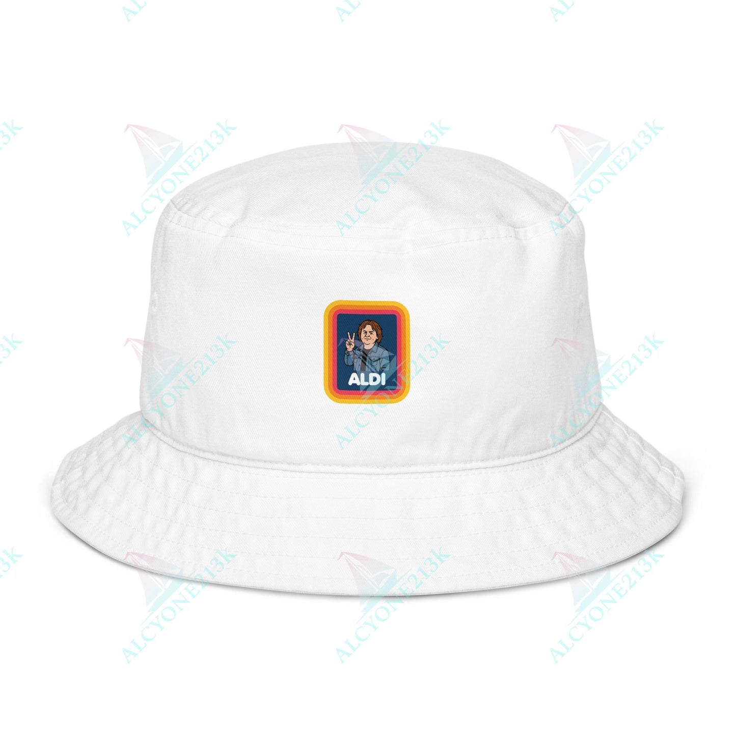 Alcyone213k Lewis Capaldi Organic bucket hat - Capaldi On Aldi Bio White