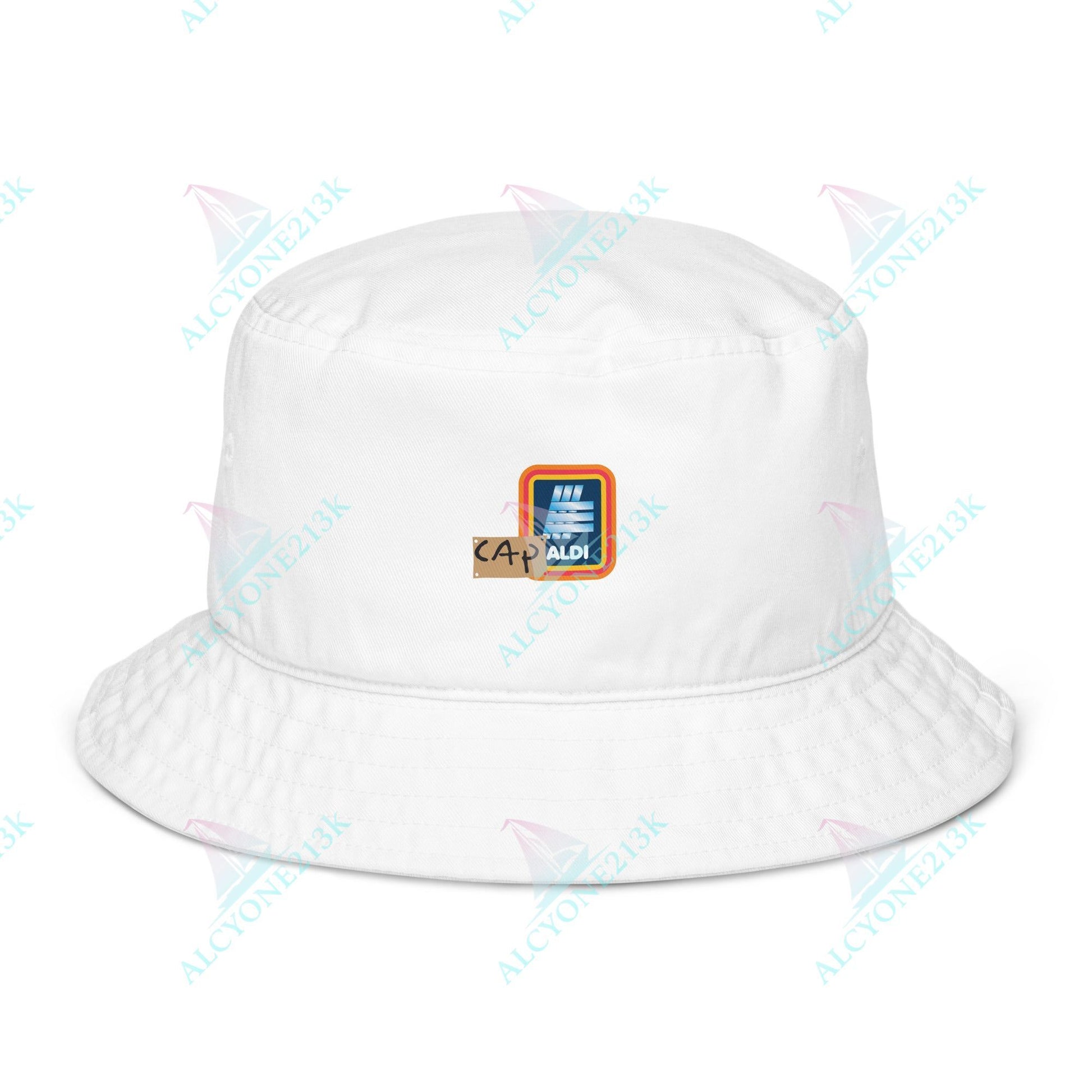 Alcyone213k Lewis Capaldi Organic bucket hat - Capaldi On Aldi Bio White