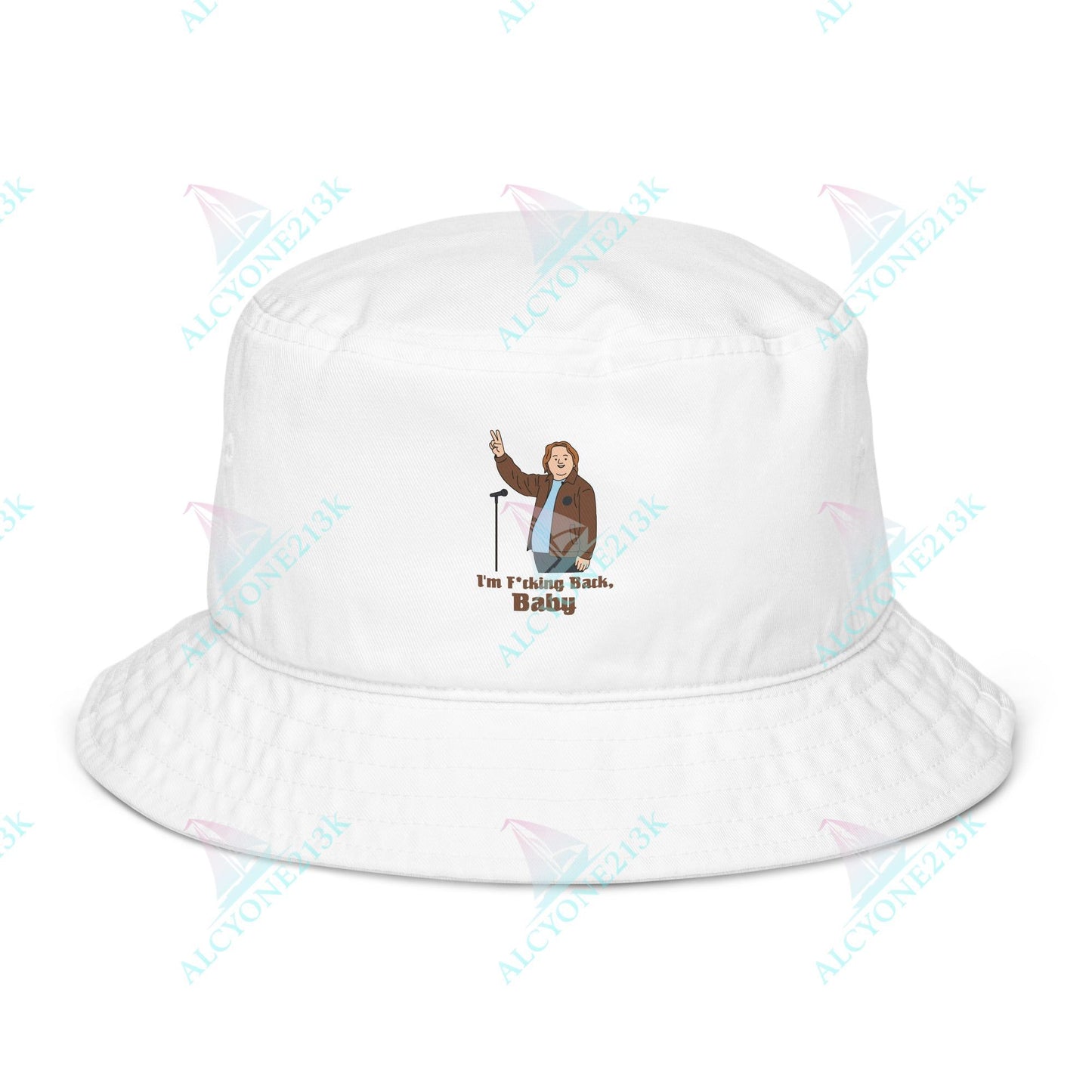 Alcyone213k Lewis Capaldi Organic bucket hat - I'm F*cking Back Bio White