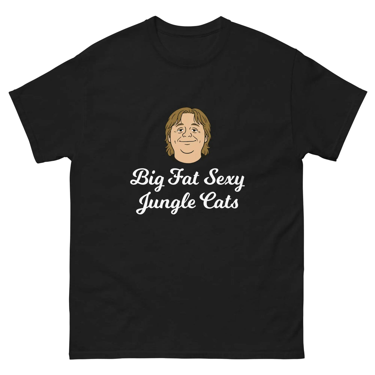 Unisex black T-shirt with cartoon portrait and "Big Fat Sexy Jungle Cats" print (front)